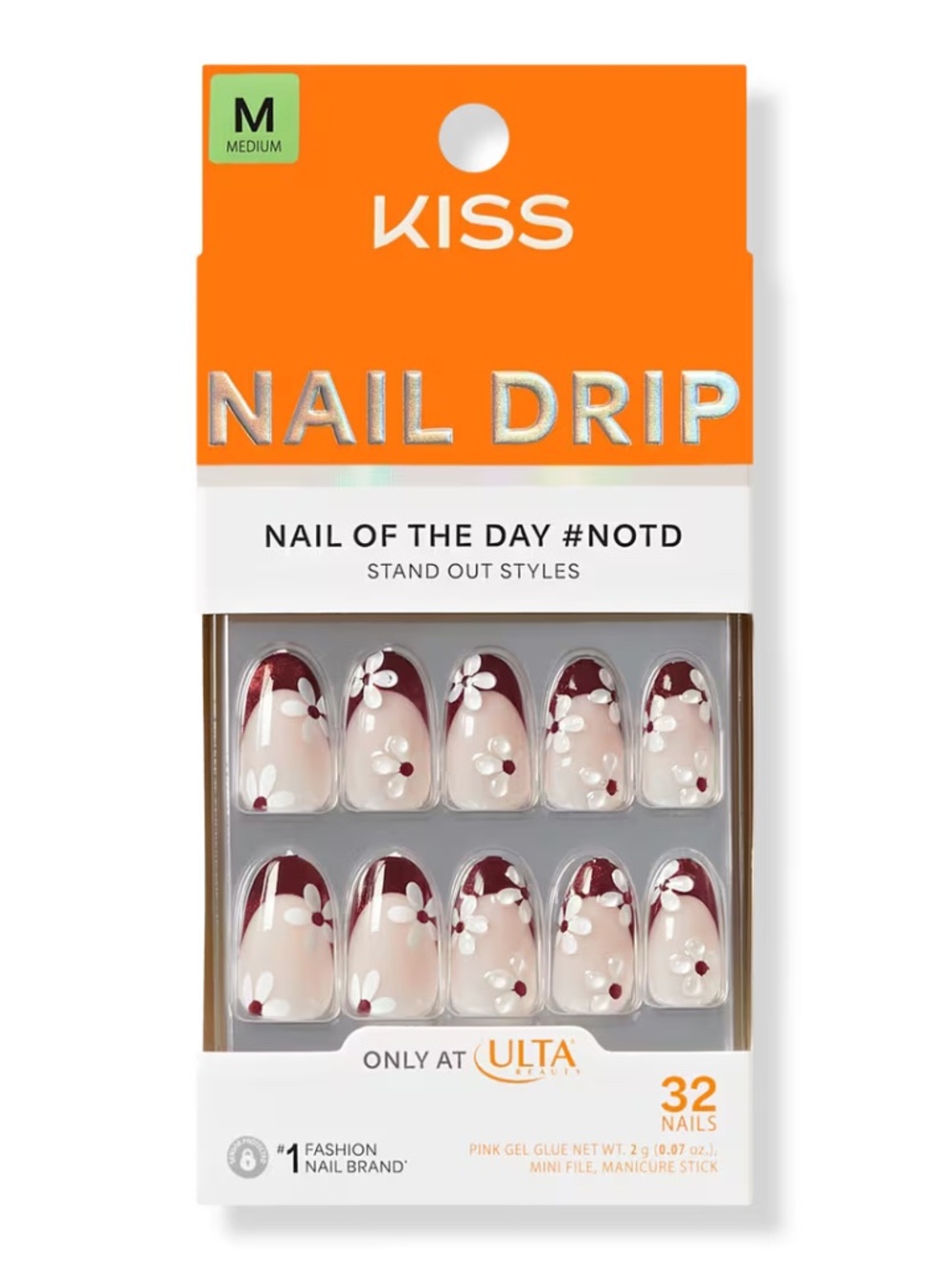 Kiss NAIL DRIP Medium Length Press On Nails "Like-Minded" Red Floral Print NIB